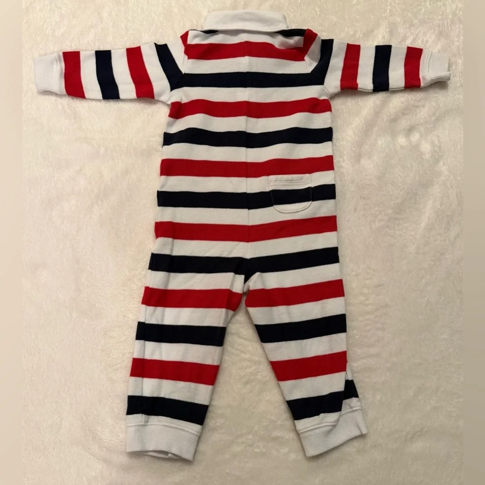 JANIE AND JACK Boys 12-18M One Piece Striped Long Sleeve Romper With Dog Emblem